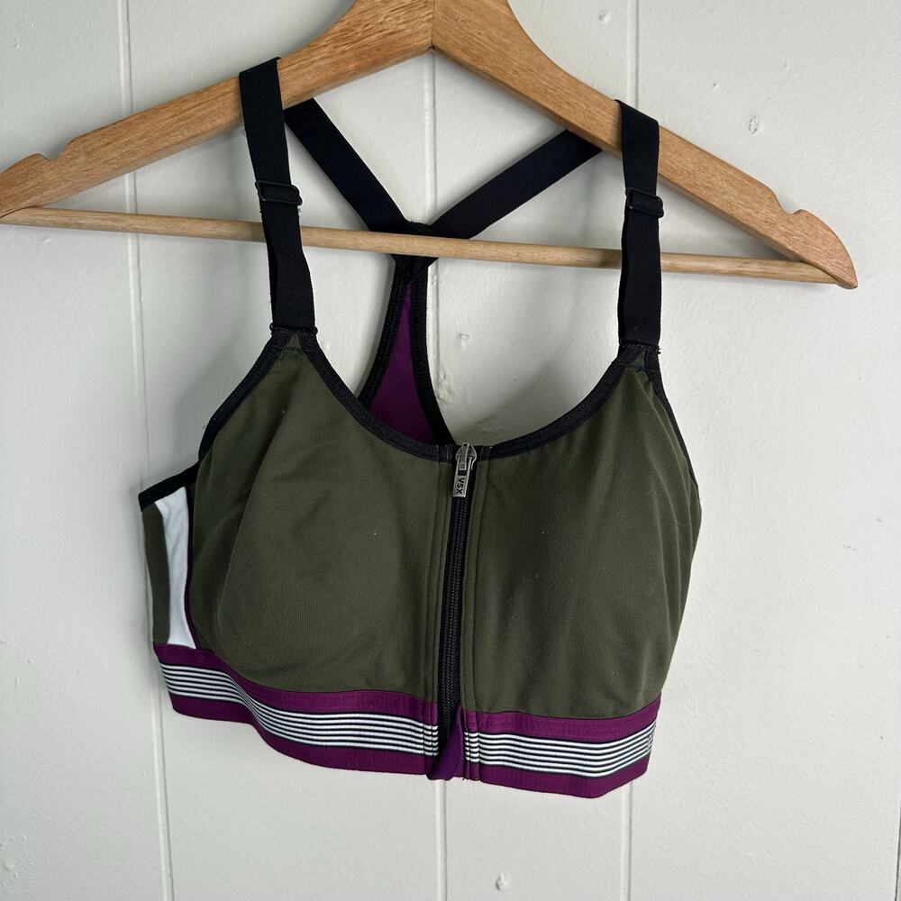 VSX Sport Victorias Secret Zip Front Sports Bra 32D Green Colorblock Stripe